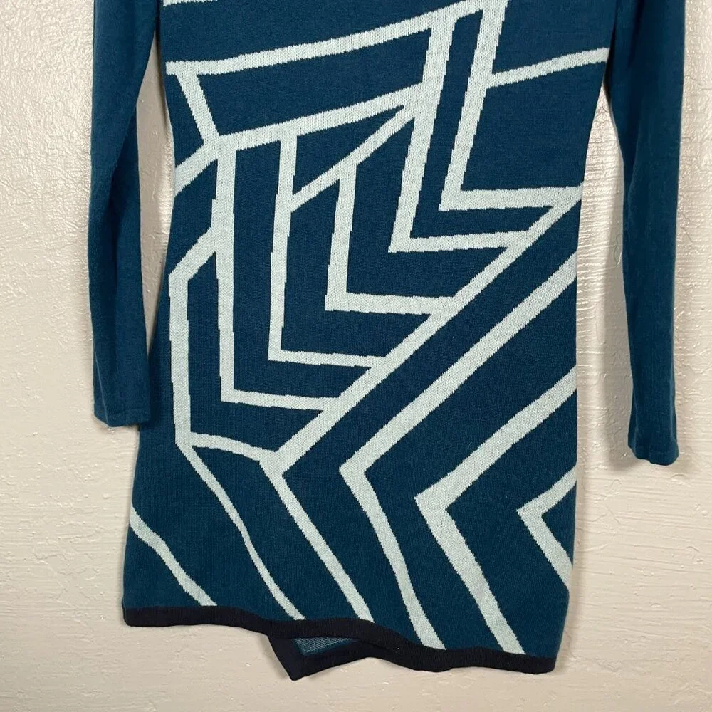 Title Nine Women S Blue Geometric Sweater Dress Cowl Neck Pockets Merino Wool
